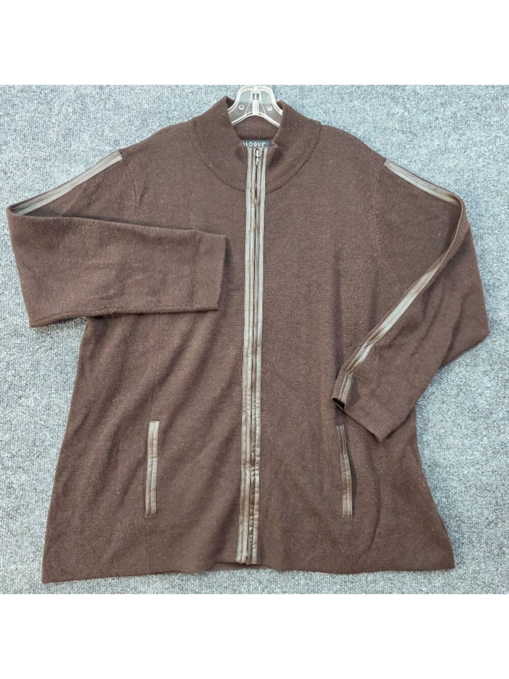 Dialogue Merino Wool Blend Zip Cardigan Jacket 1X Brown Faux Leather Old Money